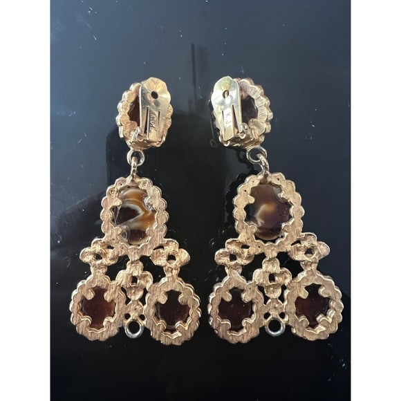 Vtg KJL Chandelier Earrings Clip on Brown Cabochon Rhinestone Dangle 60's - Picture 6 of 11